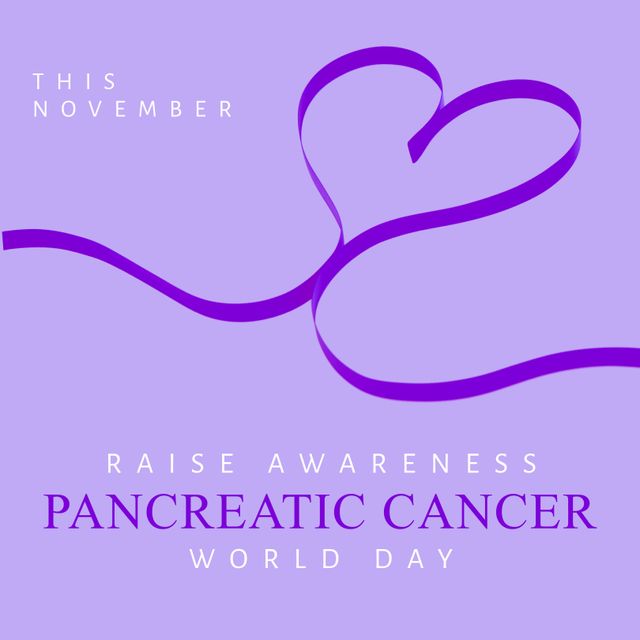 Composition of pancreatic cancer day text with purple ribbon on purple background. Pancreatic cancer day and celebration concept digitally generated image.