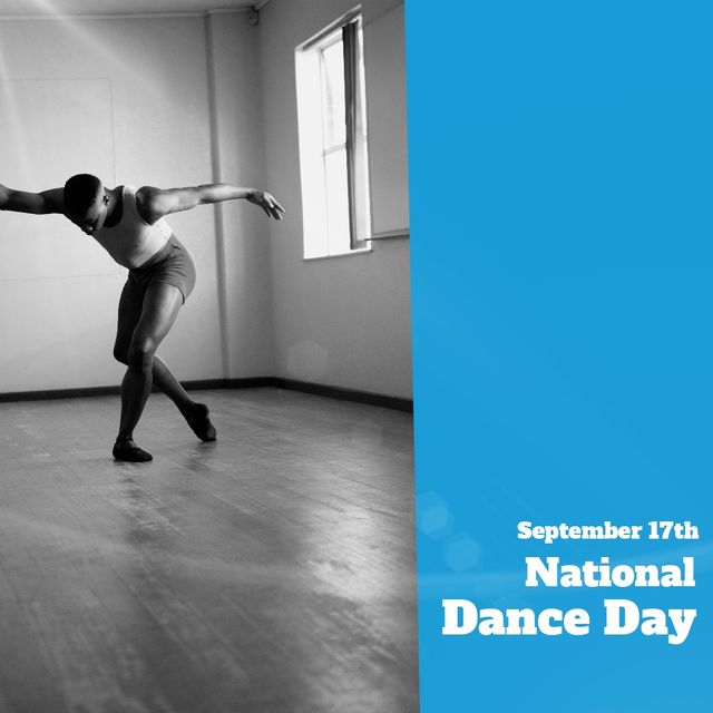 Image of afican american male ballet dancer and national dance day on blue background. Ballet, classic dance and national dance day.