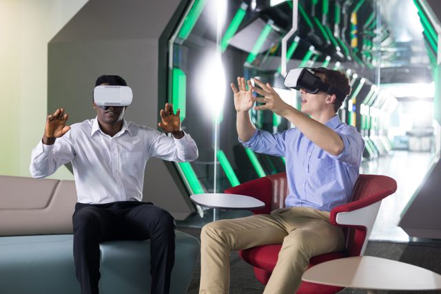 Male executives using virtual reality headset - Download Free Stock Photos Pikwizard.com