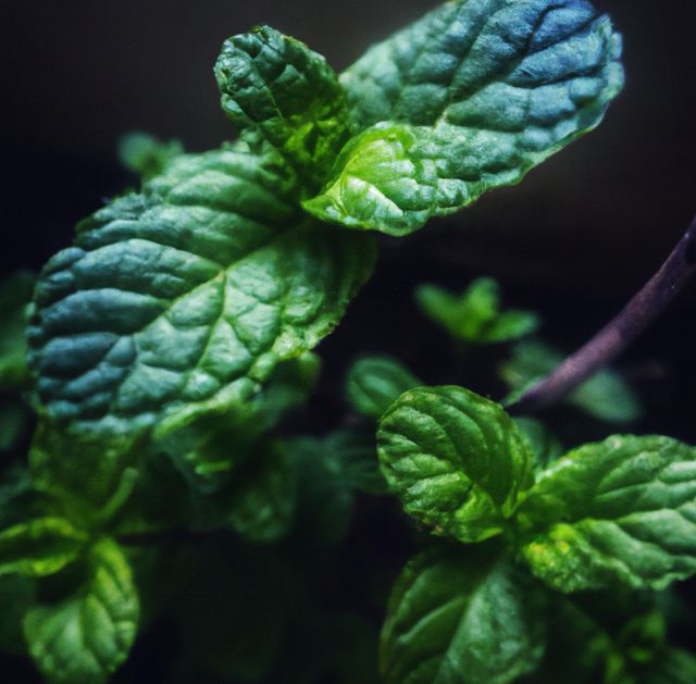 Image of close up of fresh green leaves mint plant on dark background - Download Free Stock Photos Pikwizard.com