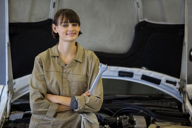 Portrait of female mechanic with arms crossed and spanner at the repair garage