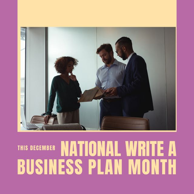 Square image of write a business plan month text business people picture over purple background. National write a business plan month camping.