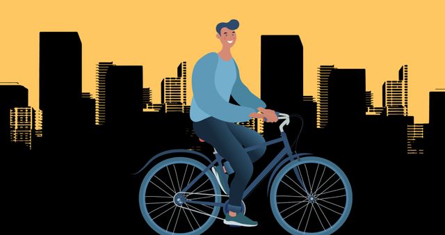 Illustration of man riding bicycle with modern vector buildings on background, copy space - Download Free Stock Photos Pikwizard.com
