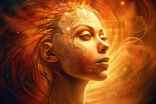 Female head made of orange shapes and trails over stars, created using generative ai technology - Download Free Stock Photos Pikwizard.com