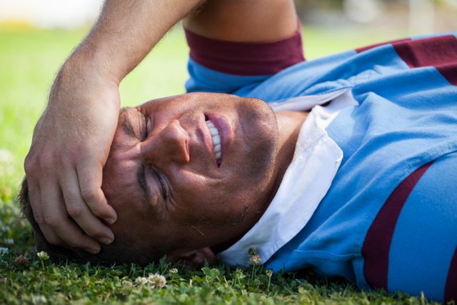 Injured rugby player with eyes closed lying on playing field