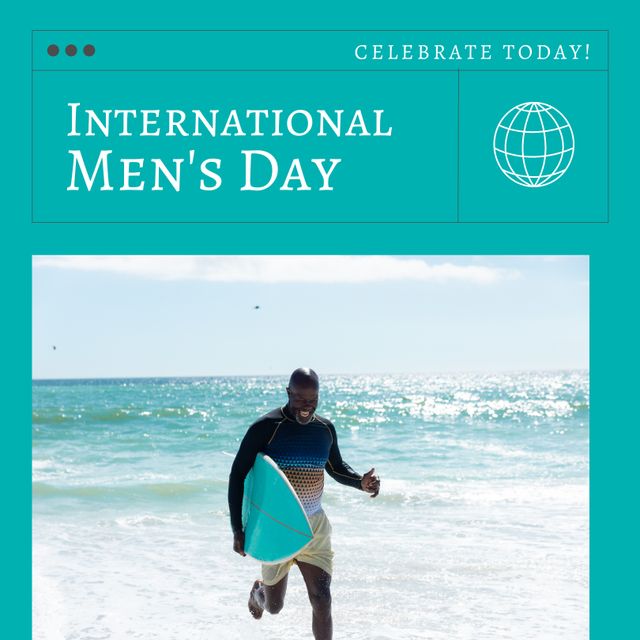 Happy african american mature man with surfboard running at beach, international men's day text. Copy space, celebration, awareness, holiday, enjoyment, recognizing contributions and achievements.