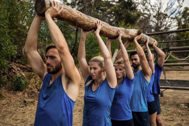 People lifting a heavy wooden log during boot camp - Download Free Stock Photos Pikwizard.com