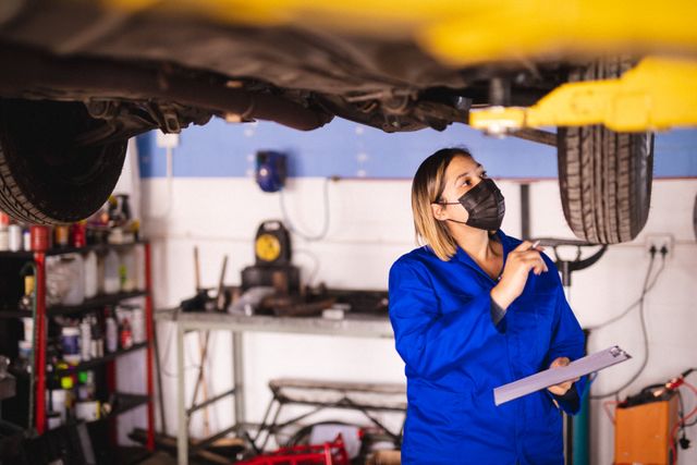 Mixed race female car mechanic wearing face mask and overalls, inspecting car - Download Free Stock Photos Pikwizard.com