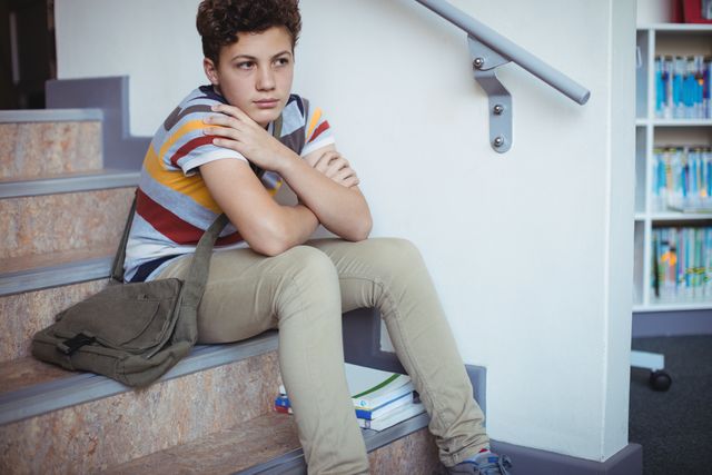 Sad schoolboy sitting alone on staircase - Download Free Stock Photos Pikwizard.com