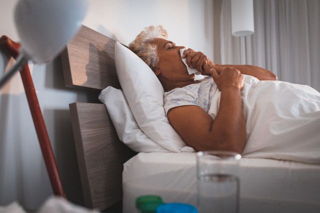 Sick african american senior woman coughing while lying in the bed at home - Download Free Stock Photos Pikwizard.com