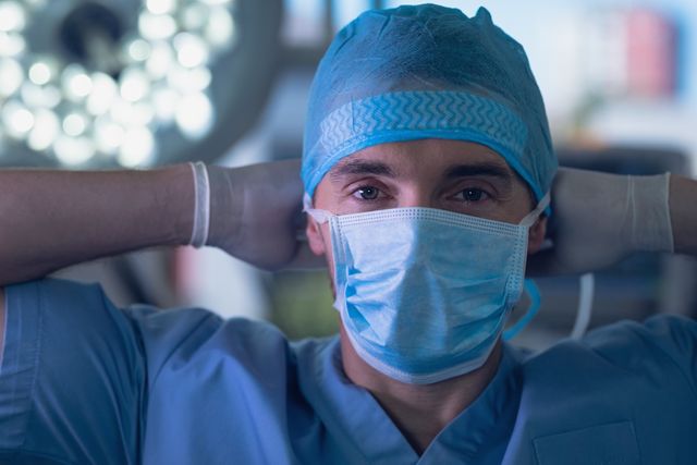 Portrait of male surgeon wearing surgical mask in operation room at hospital