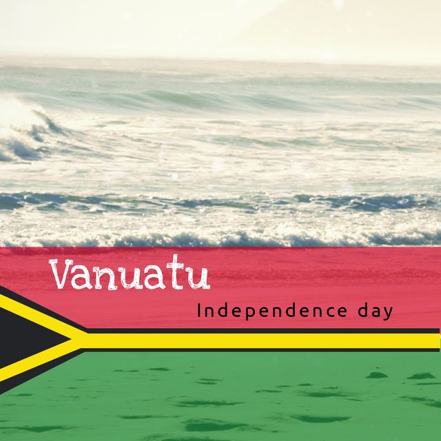 Composite of vanuata independence day text and vanuata flag against scenic view of seascape. nature, copy space, sky, national flag, patriotism, celebration, freedom and identity concept.