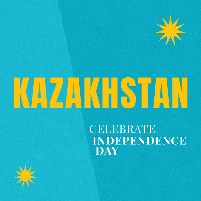 Illustration of kazakhstan celebrate independence day text with yellow suns over blue background. Copy space, doodle, patriotism, celebration, freedom and identity concept.