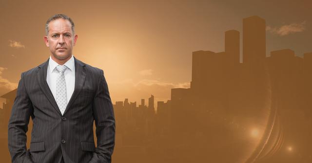 Businessman standing with hands in pockets against cityscape in background - Download Free Stock Photos Pikwizard.com
