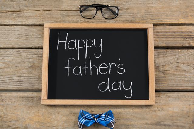 Happy fathers day text on slate by eyeglasses and bow tie - Download Free Stock Photos Pikwizard.com
