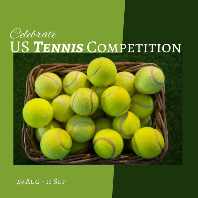 Digital composite image of tennis balls with celebrate us tennis competition text in green frame. Copy space, sport, hardcourt tennis tournament, competition and tennis game concept.