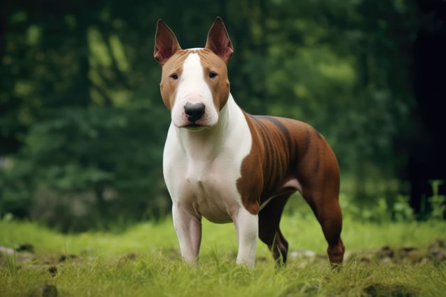 Portrait of brown bull terrier in grass, created using generative ai ...