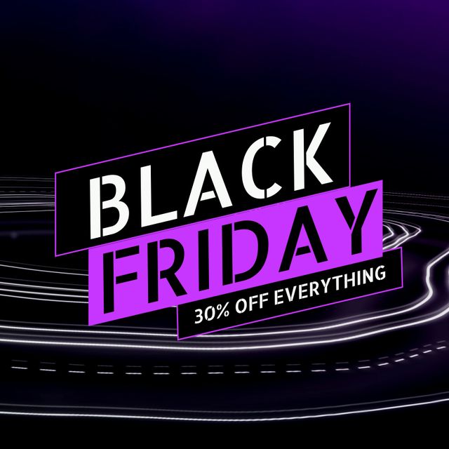Composition of black friday 30 percent off everything text over shapes on black background. Black friday, shopping and retail concept digitally generated image.