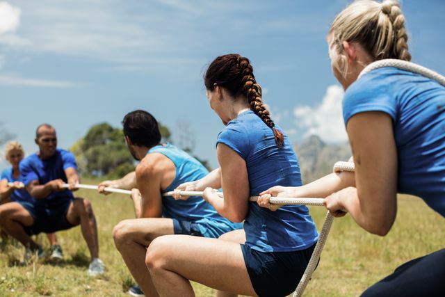 People playing tug of war during obstacle training course - Download Free Stock Photos Pikwizard.com