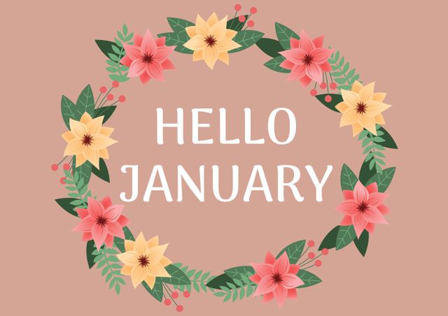 Digital composite image of hello january text inside floral wreath against colored background - Download Free Stock Photos Pikwizard.com