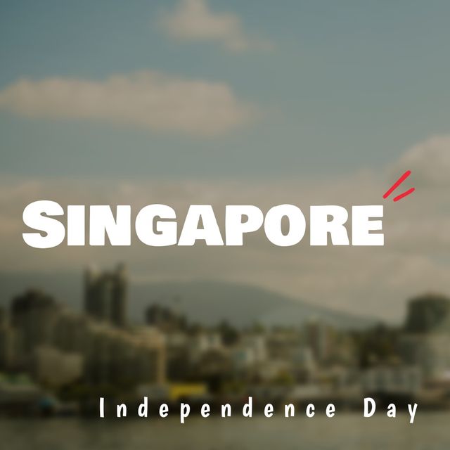 Digital composite image of singapore independence day text and river and buildings against sky. city, patriotism, celebration, freedom and identity concept.