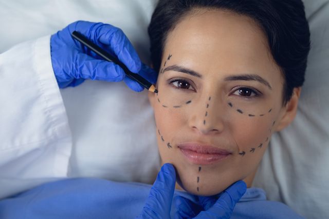 Surgeon marking woman face before surgery in operating room - Download Free Stock Photos Pikwizard.com