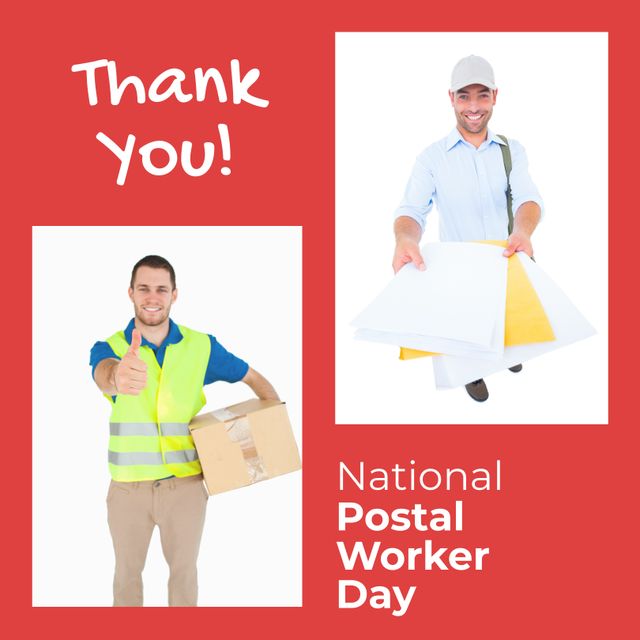 Composition of national postal worker day text over diverse male workers. Templates, celebration and background concept, digitally generated image.