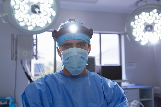 Male surgeon with surgical headlight standing in operation room at hospital - Download Free Stock Photos Pikwizard.com