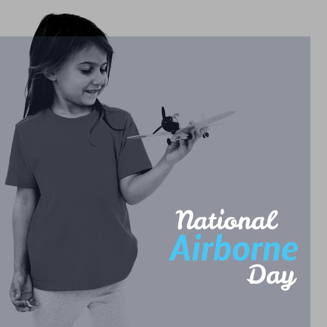 Digital composite image of caucasian girl playing with airplane toy, national airborne day text. Copy space, honor nation's airborne forces of armed forces, military, parachuting troops, combat.
