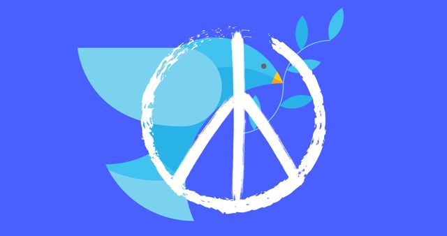 Vector image of peace sign and bird with twig on blue background, copy space. Illustration, international day of peace, avoid war and violence, celebration, hope, kindness, support.