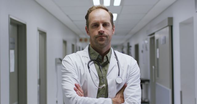 Portrait of caucasian male doctor with arms crossed standing in the corridor at hospital. healthcare and medical concept