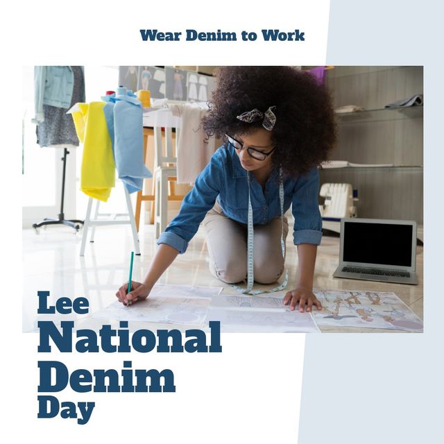 Square image of lee national denim day text and female african american sewer. Lee national denim day campaign.