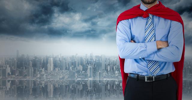 Business man superhero mid section with arms folded against skyline - Download Free Stock Photos Pikwizard.com