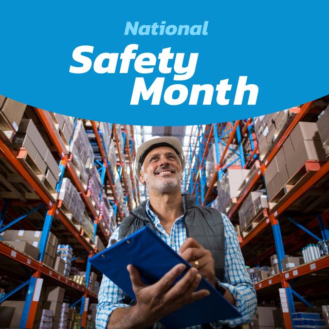National safety month text in blue and white over smiling senior biracial man in hard hat at work. Health and safety in the workplace promotional campaign.