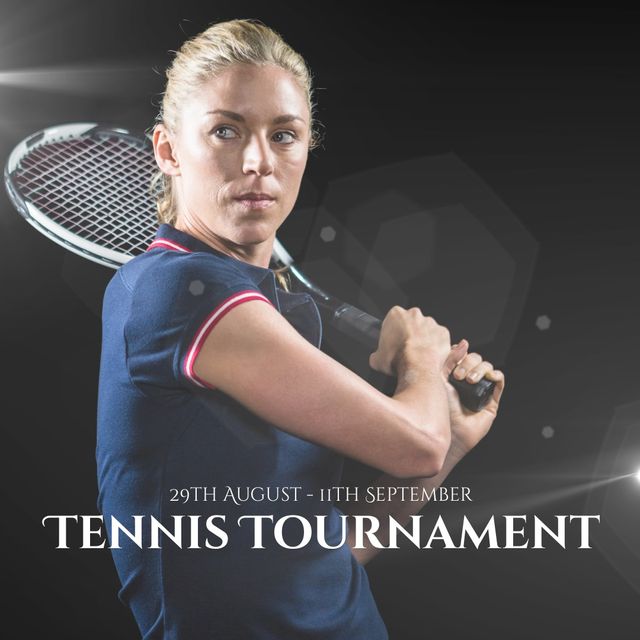 Confident caucasian female player with racket and 29th august-11th september and tennis tournament. Text, black background, copy space, digital composite, sport, championship, competition concept.