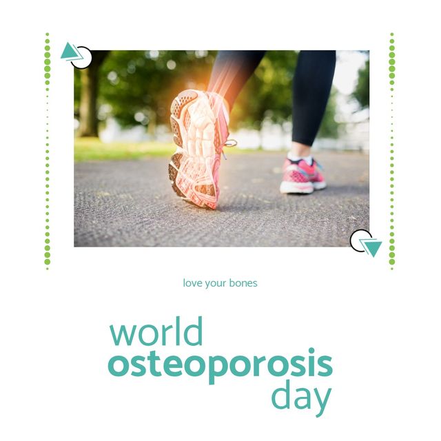 Image of world osteoporosis day on white background with woman in sports shoes. Health, medicine, osteoporosis awareness concept.