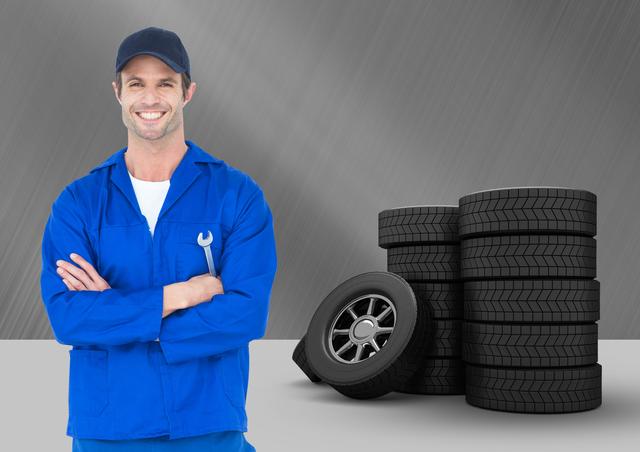 Mechanic standing with arms crossed against tires in background - Download Free Stock Photos Pikwizard.com