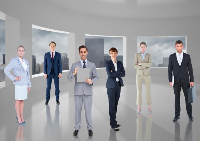 Business executives standing in room against cityscape background - Download Free Stock Photos Pikwizard.com