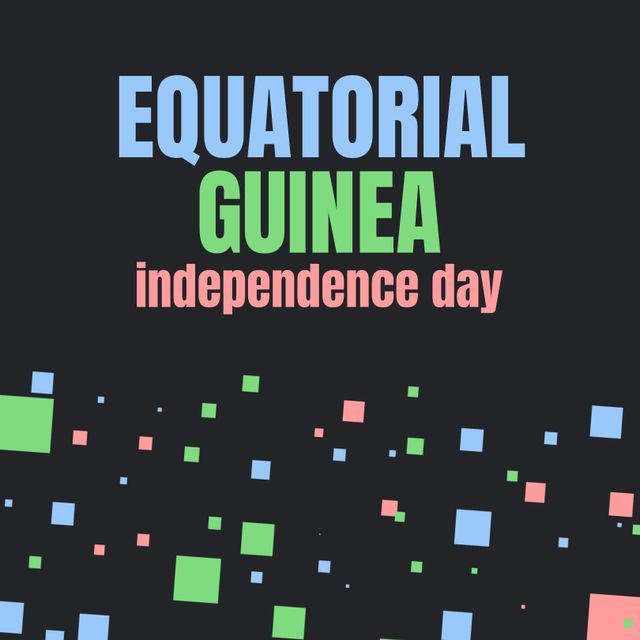 Illustration of colorful equatorial guinea independence day text with multicolored square shapes. Black background, copy space, vector, patriotism, celebration, freedom and identity concept.