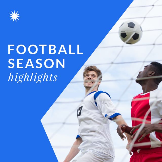 Composition of football season highlights text over diverse football players. Football season and sport concept digitally generated image.