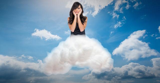 Digital composite image of thoughtful woman on cloud in sky - Download Free Stock Photos Pikwizard.com