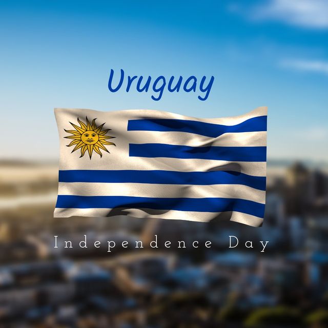 Composite of uruguay independence day text and uruguay national flag against mountains and blue sky. copy space, nature, patriotism, celebration, freedom and identity concept.