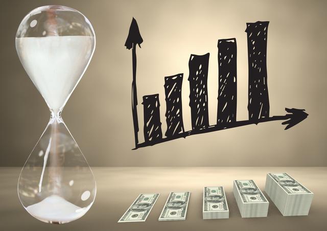 Digital composition of hourglass and money with graph against beige background