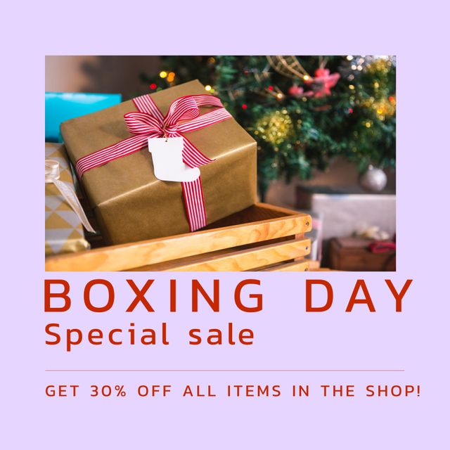 Composition of boxing day sales text over christmas presents and decorations. Christmas, boxing day, sales, festivity, celebration and tradition concept digitally.