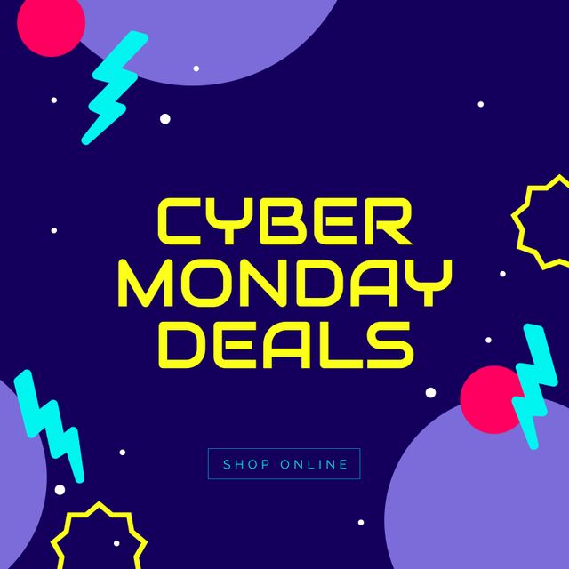 Composition of cyber monday deals text over shapes on blue background. Cyber monday, shopping and sale concept digitally generated image.