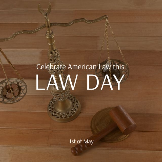 Combination of law day text over scales and gavel. Law day, barrister and law professional concept digitally generated image.