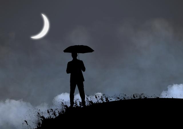 Silhouette of man holding umbrella standing on a hill with moon in sky at night - Download Free Stock Photos Pikwizard.com