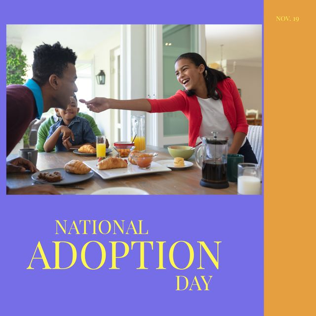 Composition of national adoption day text with biracial family eating breakfast. Adoption day and celebration concept digitally generated image.