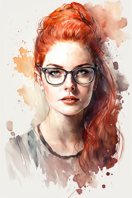 Watercolour portrait of woman with red hair and glasses, created using generative ai technology. Painting and portraiture concept digitally generated image.