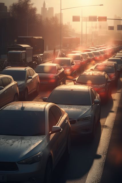 Busy street in sunny city with traffic jam, created using generative ai technology. Busy city, car, traffic, digitally generated image.